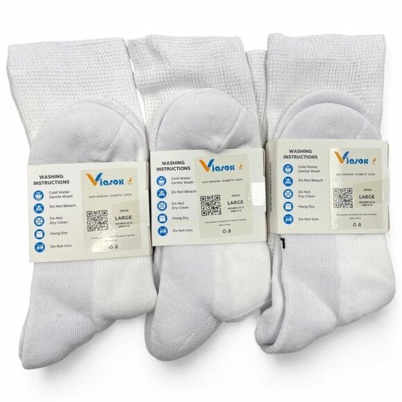 3 Pair Viasox Diabetic Easy Stretch Crew Socks Men's 9-12 Women's 10-13 Large - Picture 3 of 3